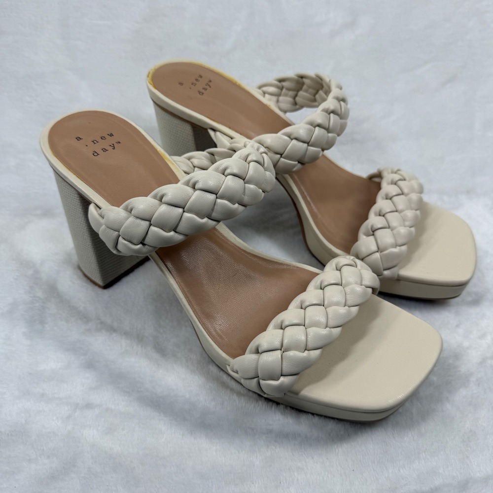A New Day Womens Cream Braided Double Strap Block Heel Platform Mules Size‎ 9.5